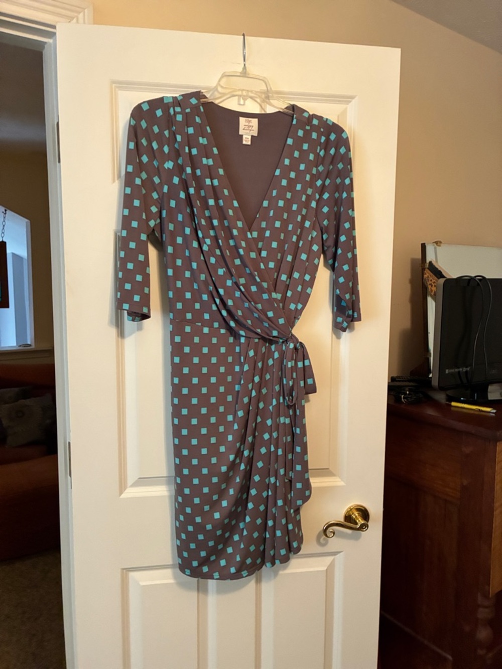 Women’s Wrap Dress in Gray with Aqua Squares